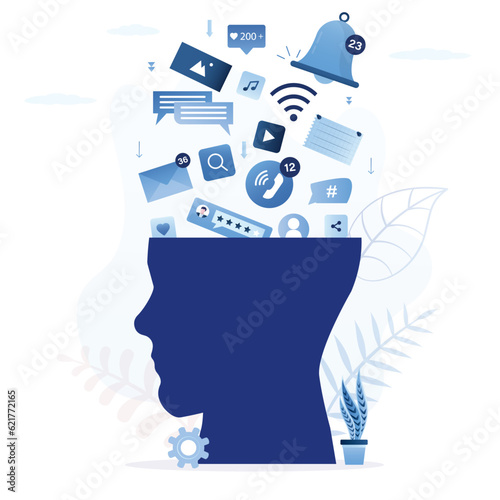 Various icons of social networks and applications fall into human head. Waste time, dependence to digital gadgets and internet. Brain silhouette, mental problems, unhealthy, addictions.