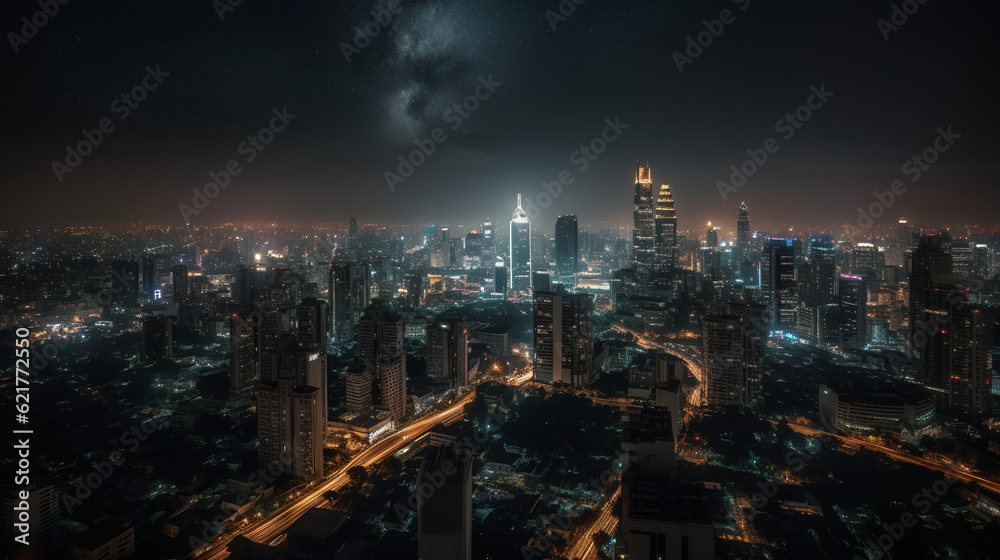 Obraz premium The expansive view showcases the towering skyscrapers, bustling streets, and vibrant energy that define this captivating city. Immerse yourself in the breathtaking cityscape of Bangkok in this shot.