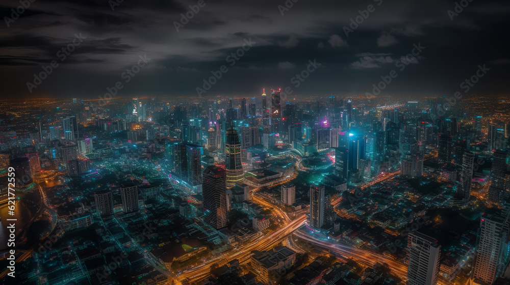 The expansive view showcases the towering skyscrapers, bustling streets, and vibrant energy that define this captivating city. Immerse yourself in the breathtaking cityscape of Bangkok in this shot.