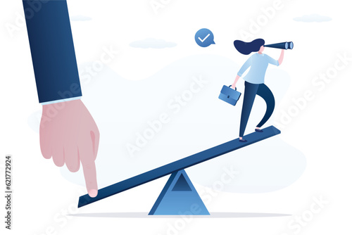 Business trainer help push seesaw for success. Partnership to support businesswoman to search successful direction and reach goal, help or assist by colleagues, cooperate concept