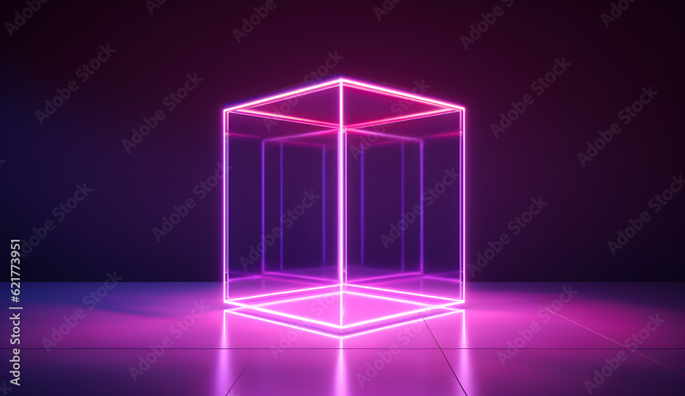 purple neon cube outline on a black background purple neon cube outline on a black background