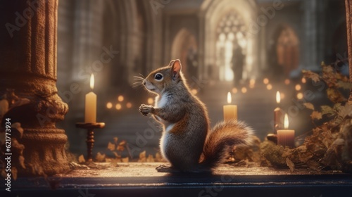 Cranberrycore Squirrel In Medieval Cathedral: A Photorealistic Fantasy photo