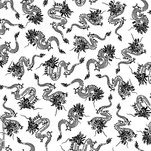 Seamless pattern with classic Japanese dragons,
