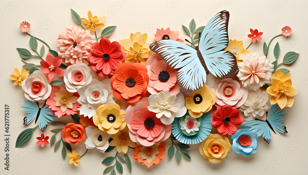 3d paper cut craft collage bouquet of flowers and butterflies