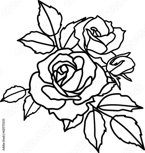 Rose, drawing, hand drawn flower, bloom and bud, leaves, bouquet, black and white