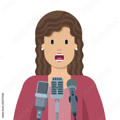 Politician speaking in public at microphones, vector illustration