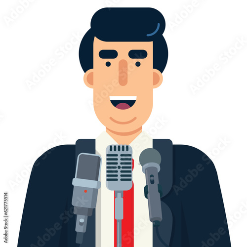 Politician speaking in public at microphones, vector illustration