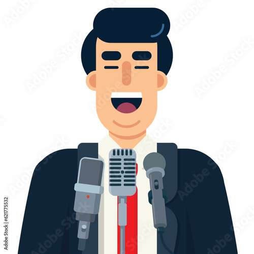 Politician speaking in public at microphones, vector illustration