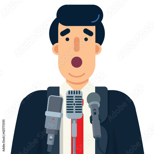 Politician speaking in public at microphones, vector illustration