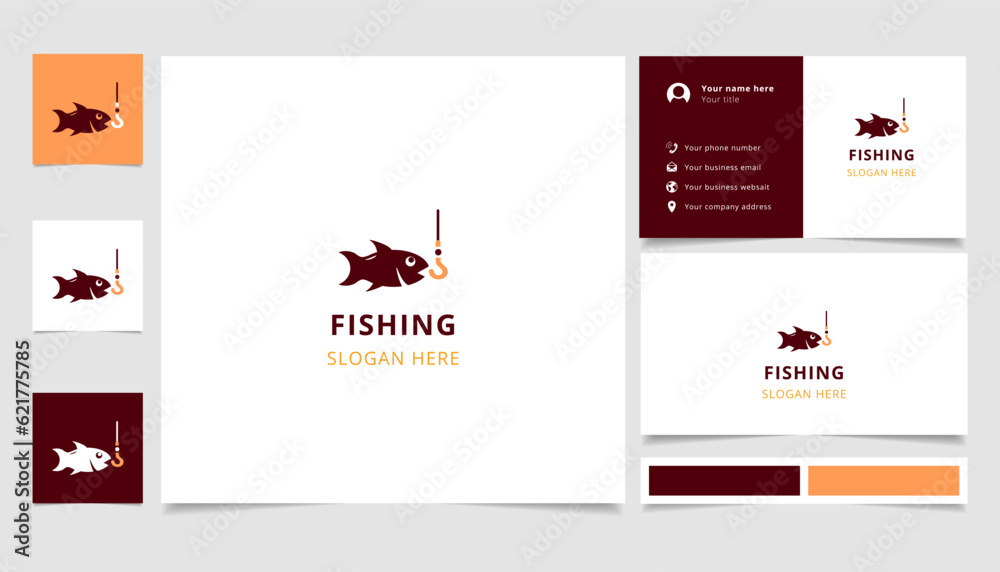 Fishing logo design with editable slogan. Branding book and business card template.