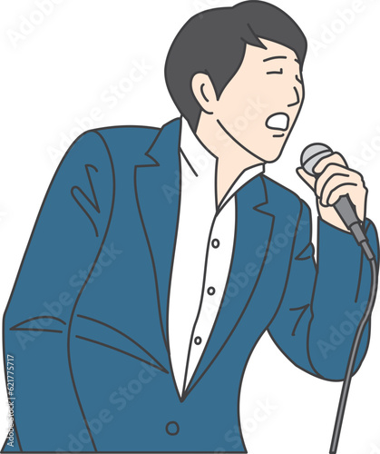 A man in a  suit holding a microphone and singing