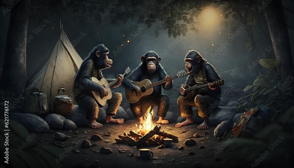 Three chimpanzees in outdoor clothing happily gather around a campfire. Generative AI
