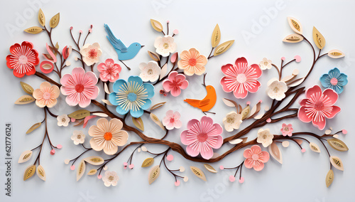 3d paper cut craft collage branch with flowers and leaves