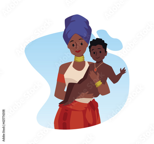 African tribal black woman with baby, motherhood, babysitting in a childcare tribe, vectors illustration
