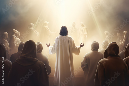illustrational view of jesus christ in white clothes and loving peaceful faceteaching crowd, blurry people and light rays in background, generative AI