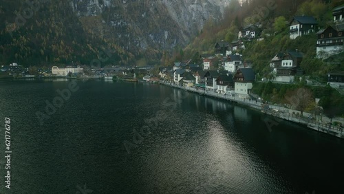 Aerial View of the Beautiful Ancient Town in the Mountains. Village on Hallstattersee. Antique Austrian Town from Hallstatt Skywalk Welterbeblick Aussichtsplattform. Traveling and Tourism Concept photo