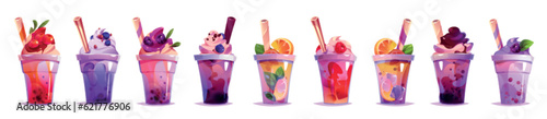 Milk tea bubble drink vector juice cup cartoon illustration. Ice boba sugar milkshake dessert clipart for taiwanese asian menu. Delicious fruit sweet bubbletea with straw. Cream tapioca in plastic set