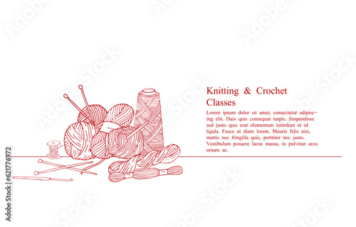 Knitting and crochet classes banner, crochet and knitting courses advertise with place of text 