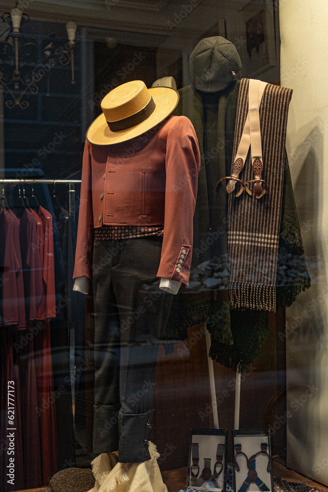 Traditional spanish clothing in the window of a special clothing store. Shop window