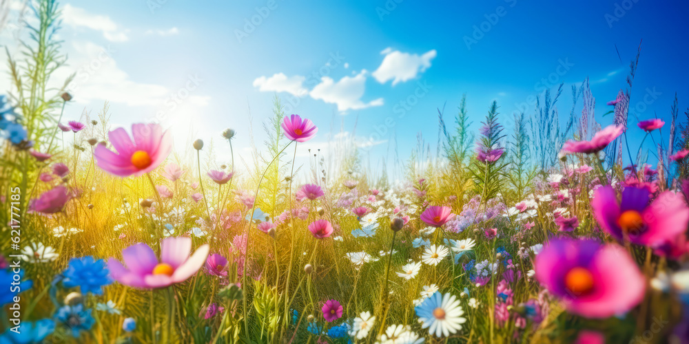 A beautiful flowery meadow in spring or summer. Nature concept. Generative AI A beautiful flowery meadow in spring or summer. Nature concept. Generative AI