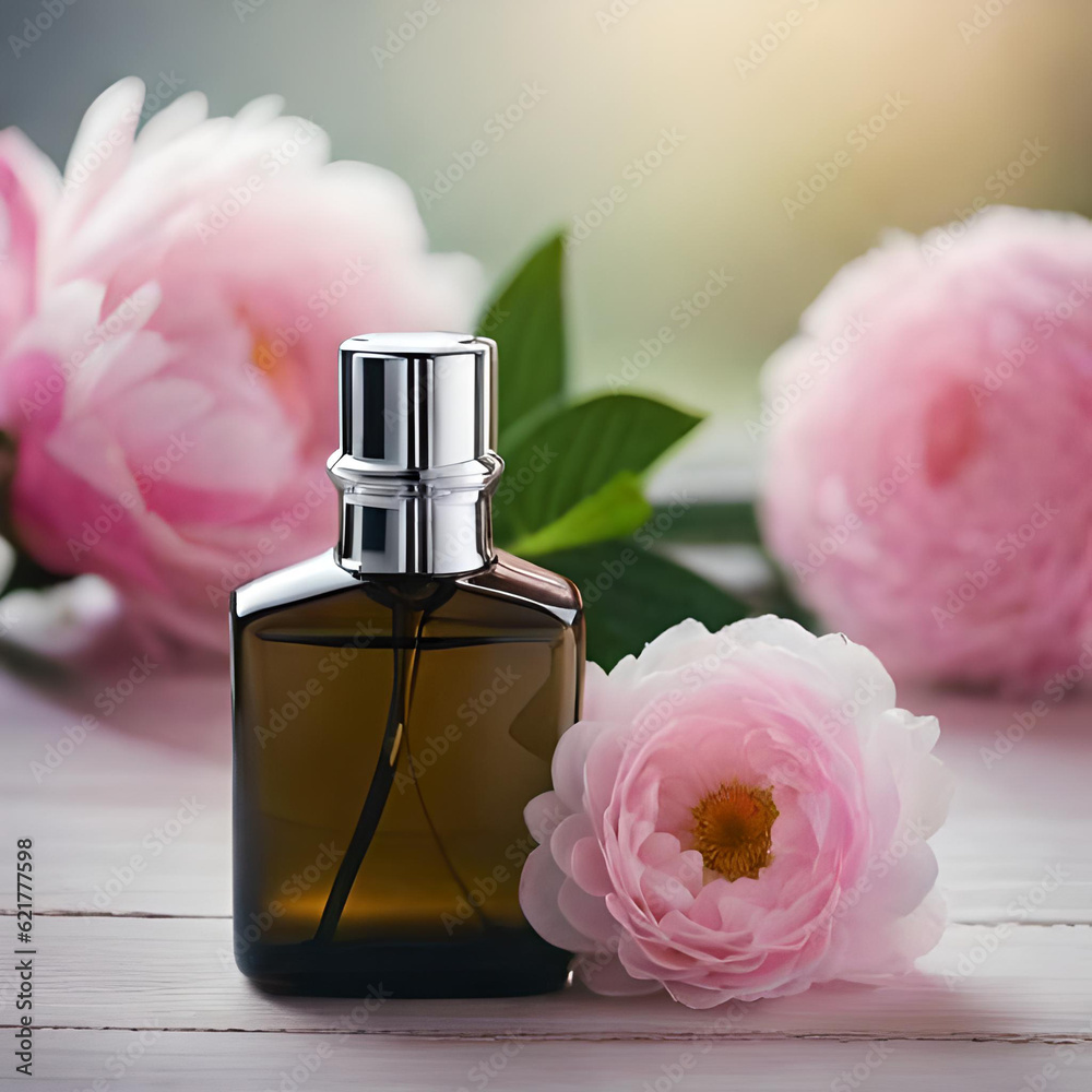 Bottle of pink luxury perfume surrounded by peonies, top view Generative AI Bottle of pink luxury perfume surrounded by peonies, top view Generative AI
