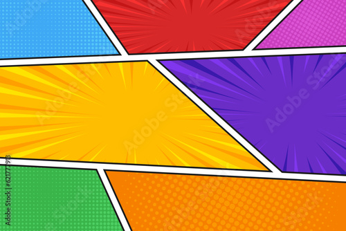 Abstract comic book page template colorful empty background with rays