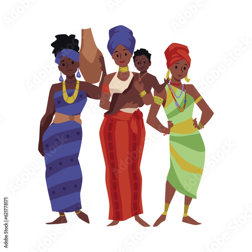 Vector illustration of Africans in traditional ethnic clothes and jewelry, tribal black women with baby, jug