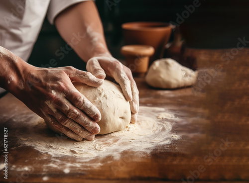 Mans hands making dough for bread