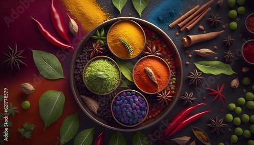 Colorful Background From Various Herbs And Spices. Generative AI