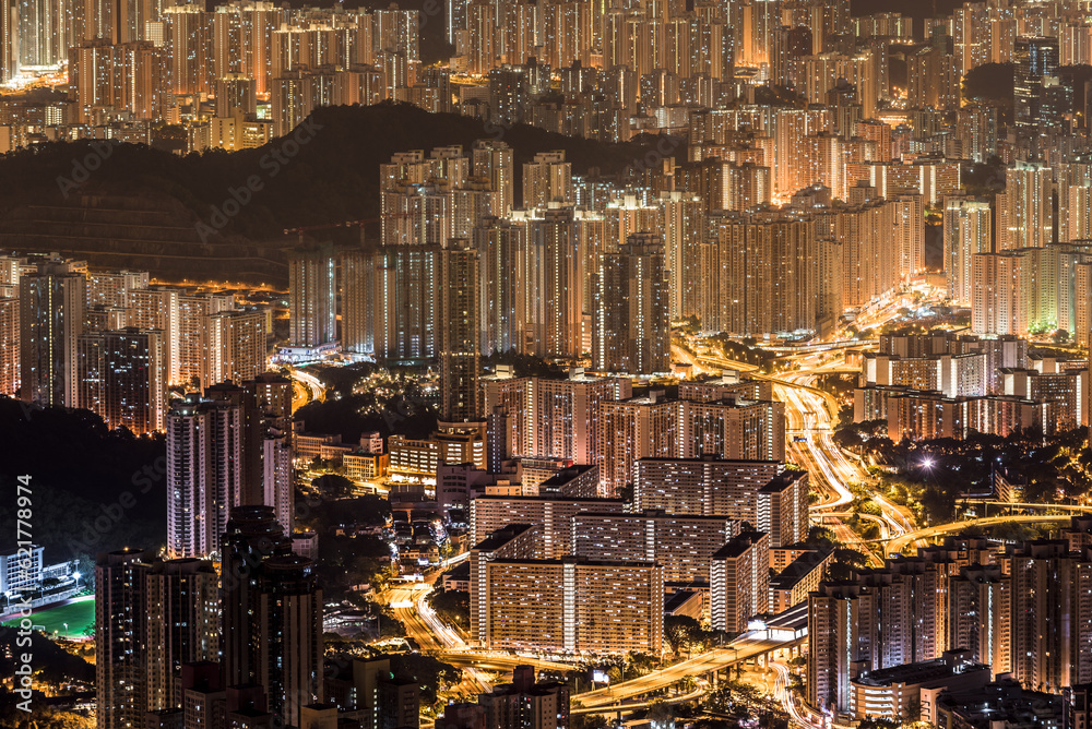 Aerial City Night view of Hong Kong City with building and street