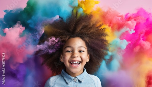 Happy black child smiling in a cloud of colorful smoke on a white background, having fun, colors, color explosion, holi, LGBTQ+, party, peace, inclusive, beauty, freedom. Generative AI.