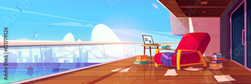 Modern balcony with city and seascape view. Vector cartoon illustration of spacious terrace with comfortable armchair, laptop on table, piles of books and papers on floor, messy freelance workspace