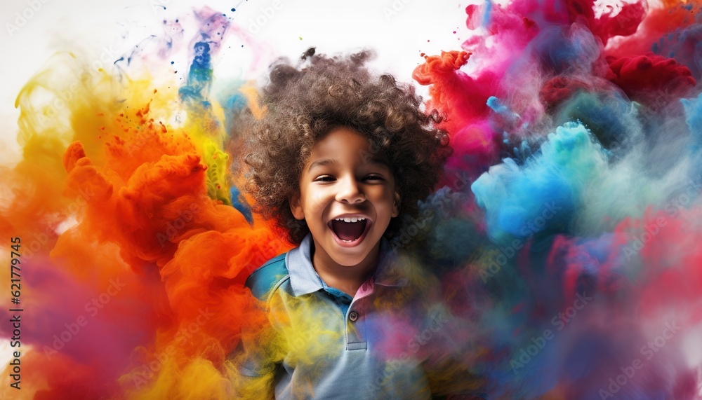 Happy black child smiling in a cloud of colorful smoke on a white