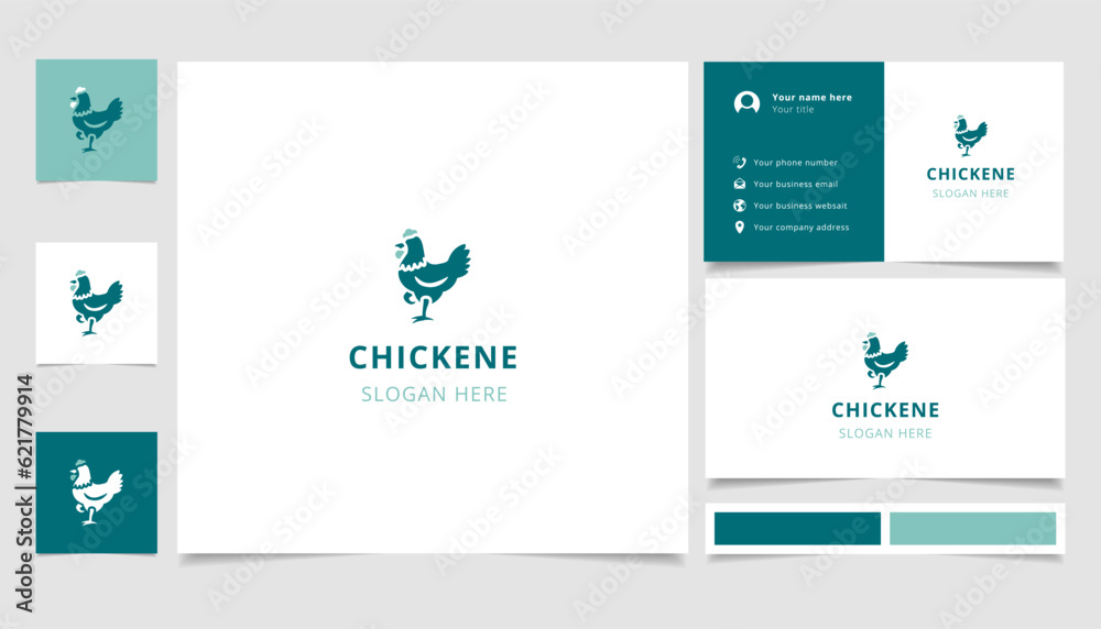 Chicken logo design with editable slogan. Branding book and business card template.