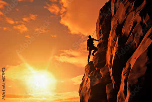 Silhouette of a rock climber climbing a cliff, Generative AI