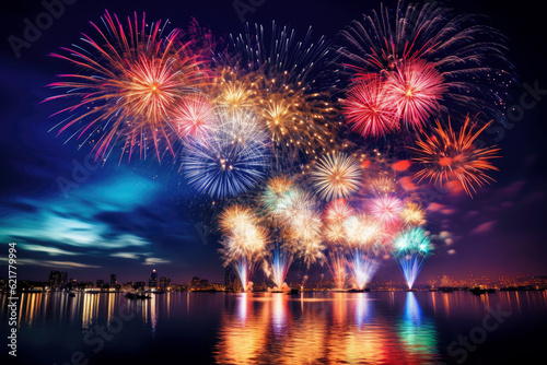 Fireworks that color the sky of the seaside town  Generative AI