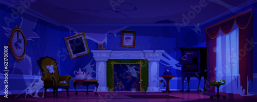 Abandoned victorian house interior with fireplace cartoon background. Antique messy furniture and broken armchair with spider web design. Mess inside england aristocratic castle apartment at night