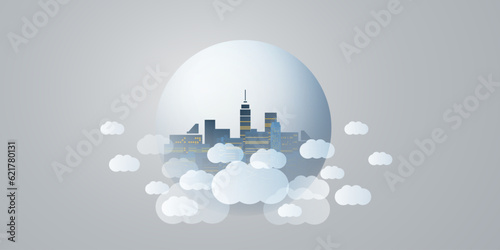 Blue, Grey and White Smart City, Cloud Computing Design Concept with Transparent Globe and Cityscape, Tall Buildings and Skyscrapers Inside - Digital Network Connections, Modern Technology Background