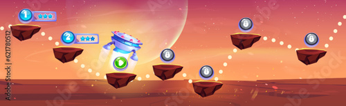Galaxy space game level map on mars planet vector background. Flying platform on martian desert cartoon illustration with fantasy spaceship and childish computer adventure videogame screen gui.