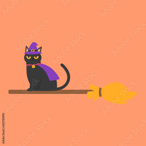 A cute black cat in a witch hat sitting on a witch's broom Halloween pumpkin to celebrate Halloween celebrities' holiday greetings. Vector illustration cartoon.