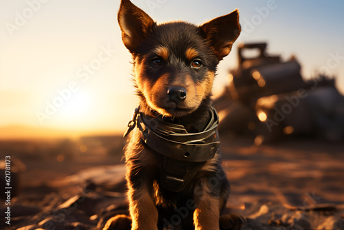 portrait of dystopian post apocalypse mad max style puppy