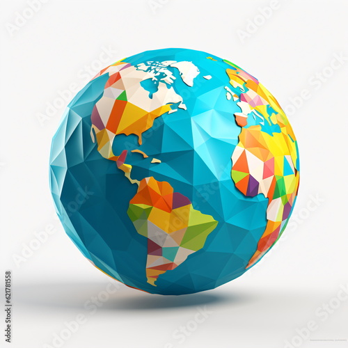 Fototapeta Naklejka Na Ścianę i Meble -  Low poly earth planet globe illustration. Polygonal globe icon with shadow on isolated white background. realistic world map in globe shape Generative ai