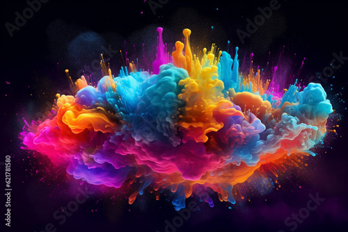 Explosion of vibrant clouds, bursting with an array of mesmerizing colors against a mysterious dark background. Ai generated