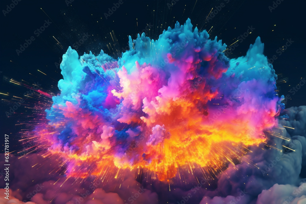 Explosion of vibrant clouds, bursting with an array of mesmerizing colors against a mysterious dark background. Ai generated