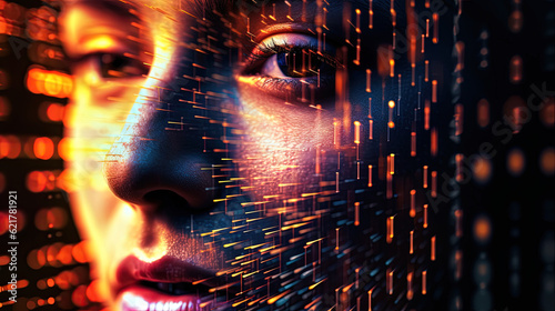 Stepping into the Digital Frontier: Close Up of a beautiful Technomancer Woman Enveloped in Data Flow. Generative AI. photo