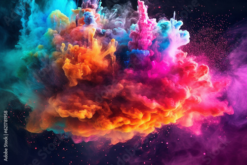 Explosion of vibrant clouds, bursting with an array of mesmerizing colors against a mysterious dark background. Ai generated