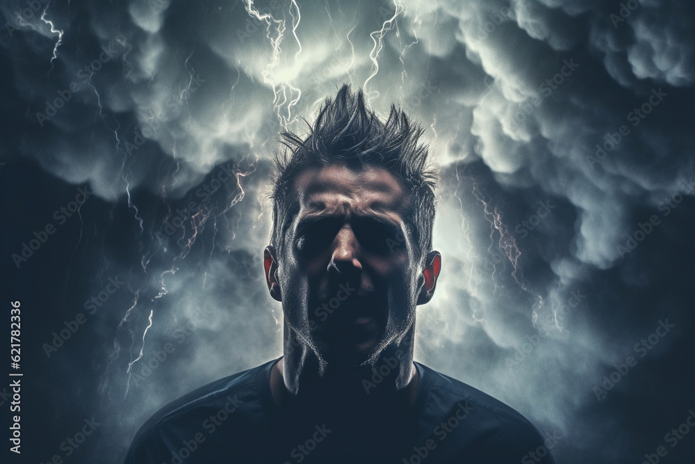 Concept of anxiety and depression, featuring a man with his head immersed in a turbulent cloud storm. Ai generated Concept of anxiety and depression, featuring a man with his head immersed in a turbulent cloud storm. Ai generated