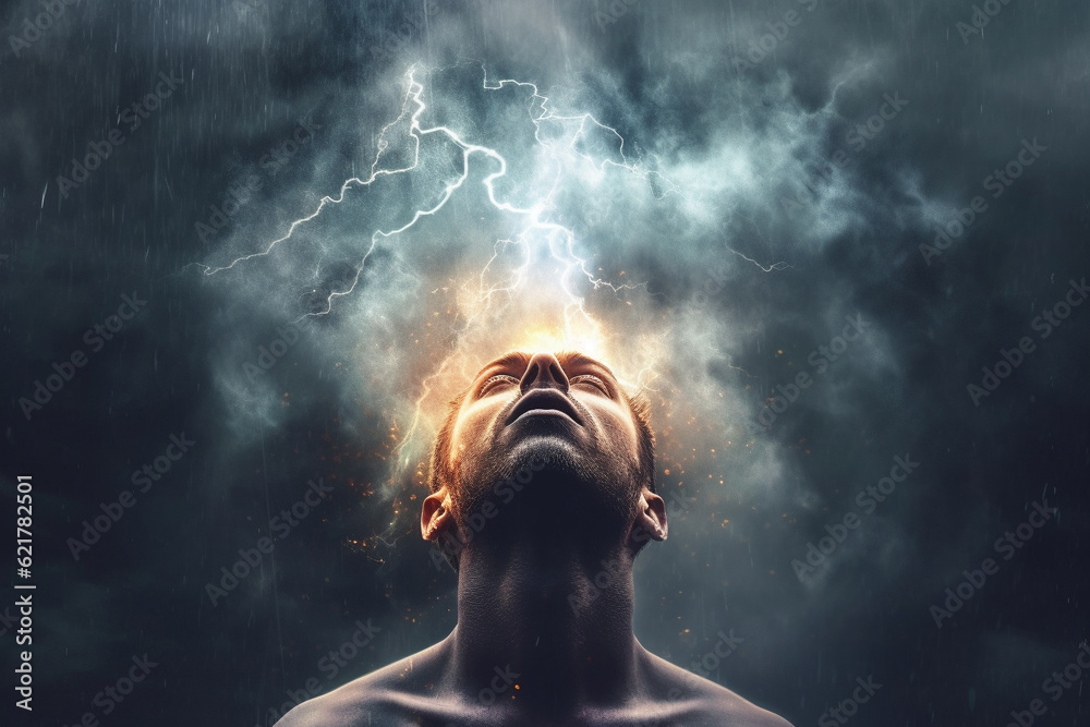 Concept of anxiety and depression, featuring a man with his head ...