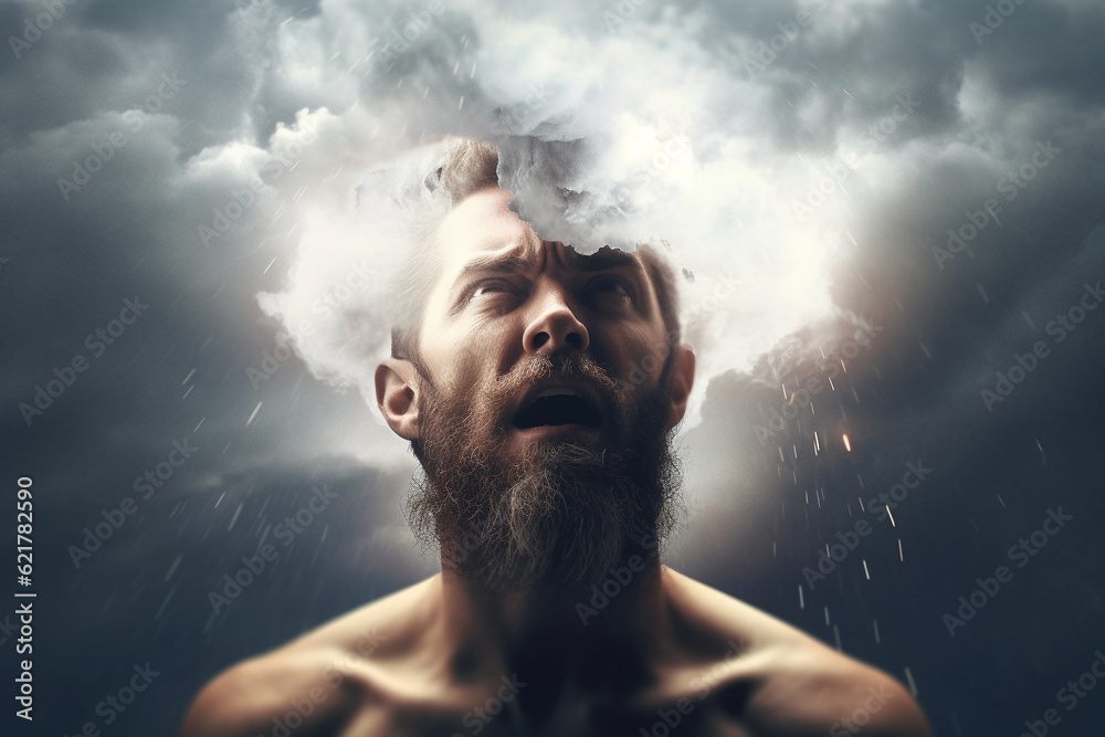 Concept of anxiety and depression, featuring a man with his head immersed in a turbulent cloud storm. Ai generated Concept of anxiety and depression, featuring a man with his head immersed in a turbulent cloud storm. Ai generated