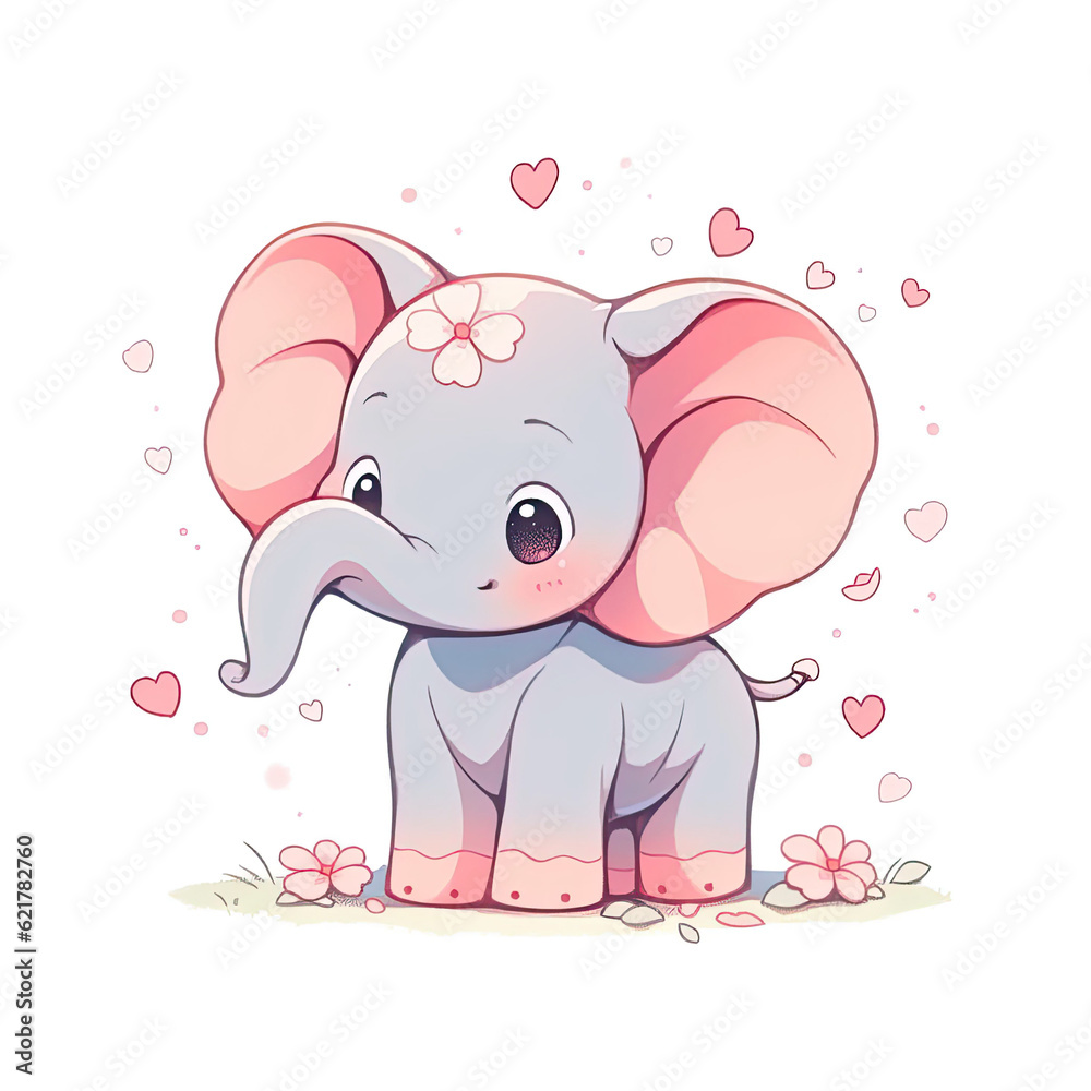 Fototapeta premium baby elephant cartoon style on white background,ai generative.